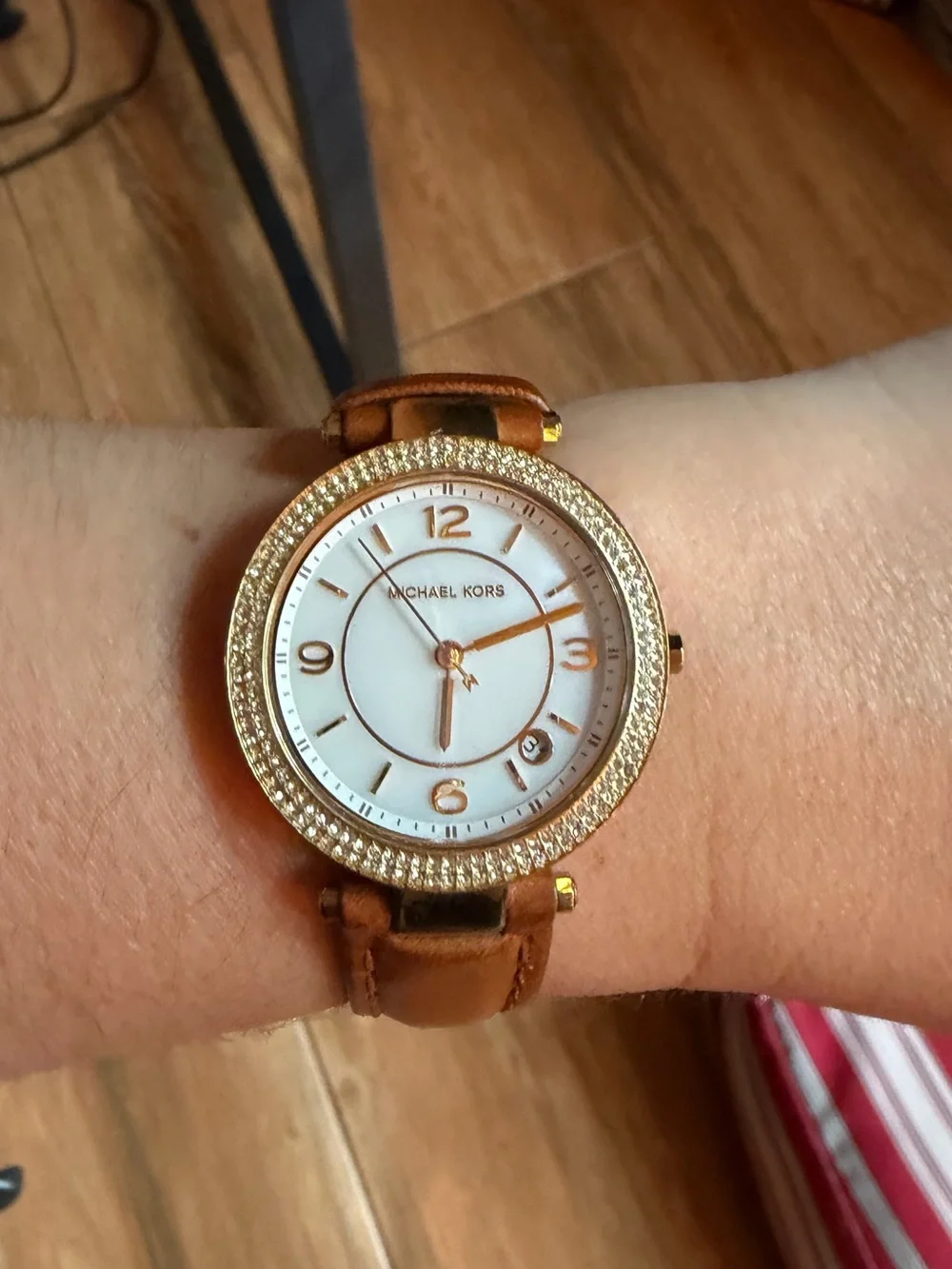 Michael Kors Gold Crystal Bezel White Dial Brown Leather Strap Watch